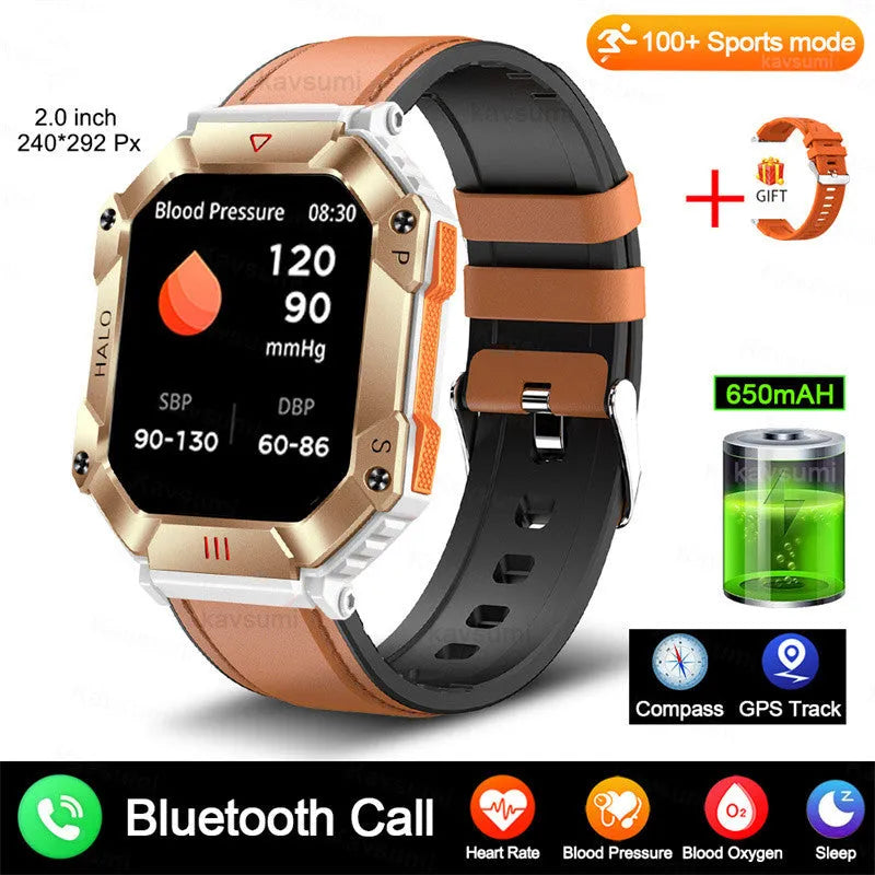 Android GPS smart watch with Bluetooth call on wrist, showing resin dial and titanium alloy case with optional leather strap.