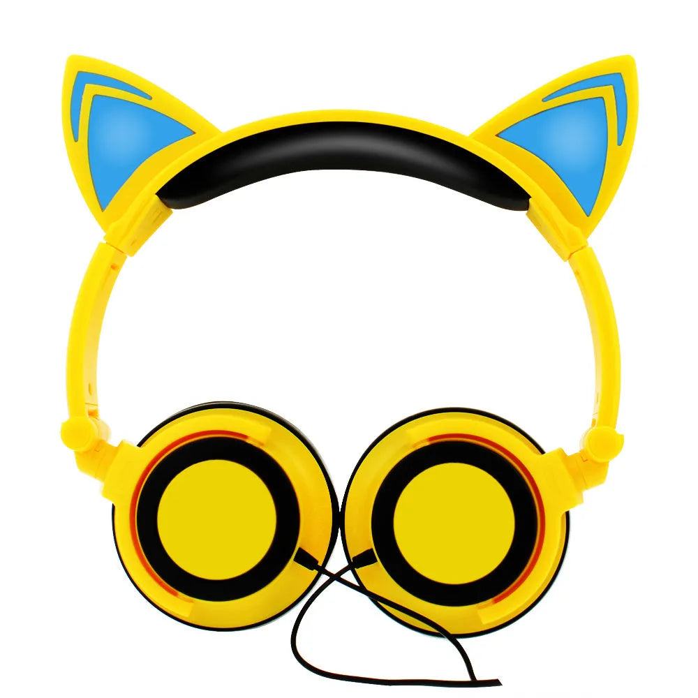 LED cat ear headphones showing illuminated blue ears and cushions on a black headband
