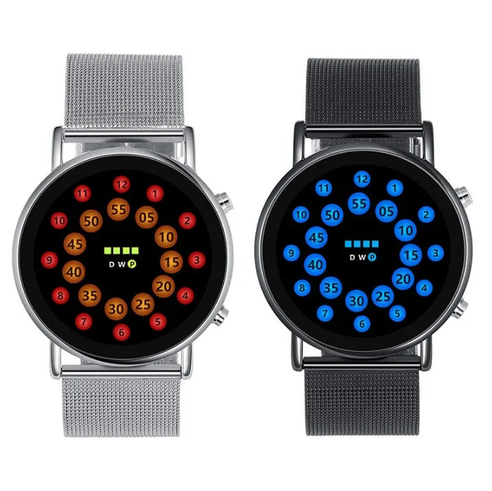 LED electronic watch with alloy case and steel mesh strap showing illuminated blue display