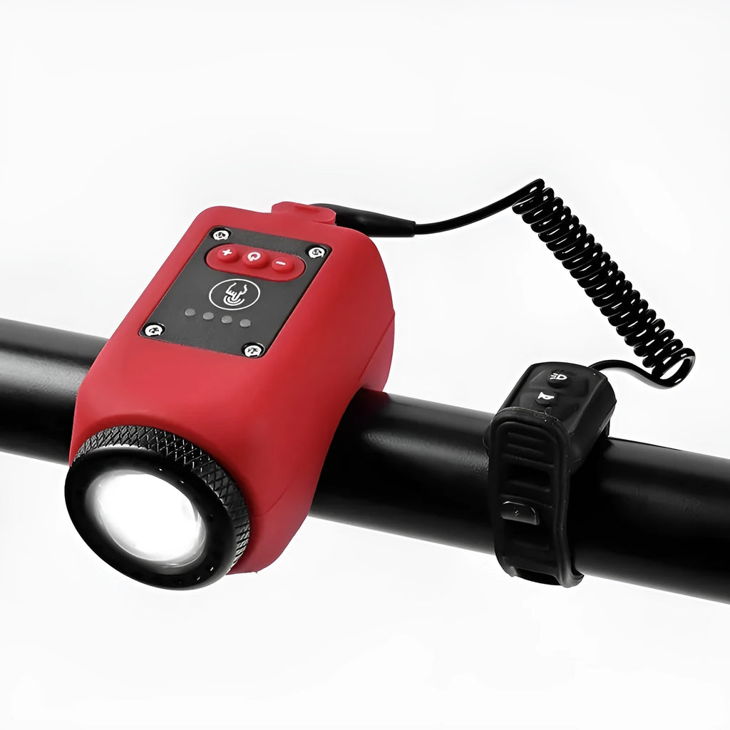 High decibel bicycle horn light with 110dB speaker, 250 lumens, IPX5 waterproof rating, USB rechargeable, on handlebars
