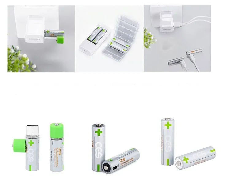 USB fast charge AA lithium battery in silver green with built-in USB port and polymer cobalt lithium core