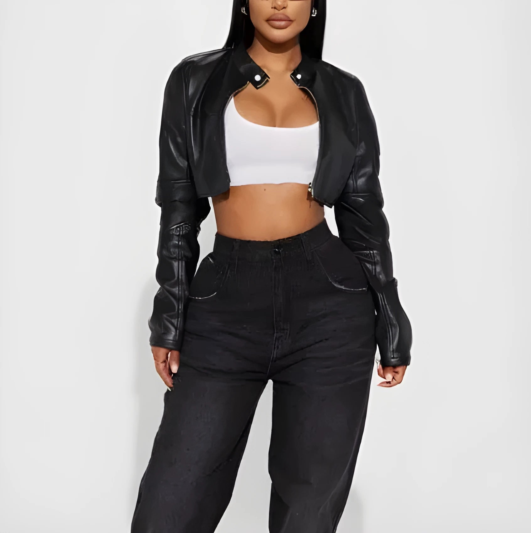 Women's cropped black PU leather biker jacket with zippers, ultra-short length, slim fit