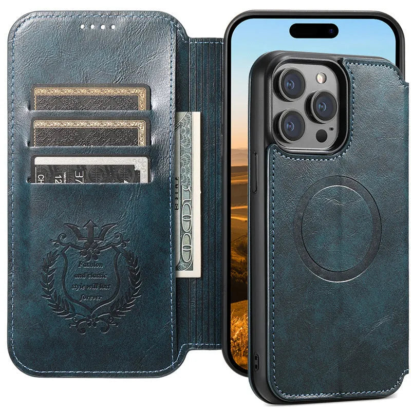 Magnetic phone case with card holster and bracket for iPhone 16, black frosted PU TPU