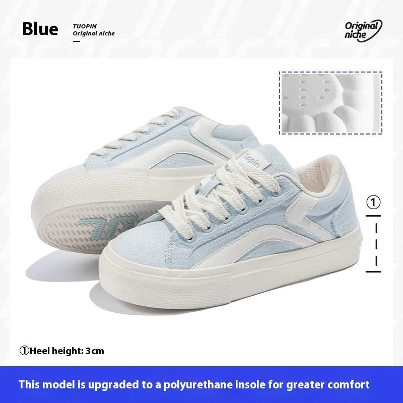 Women's low-top lace-up board shoes with vulcanised rubber sole and round toe in multiple colour options.