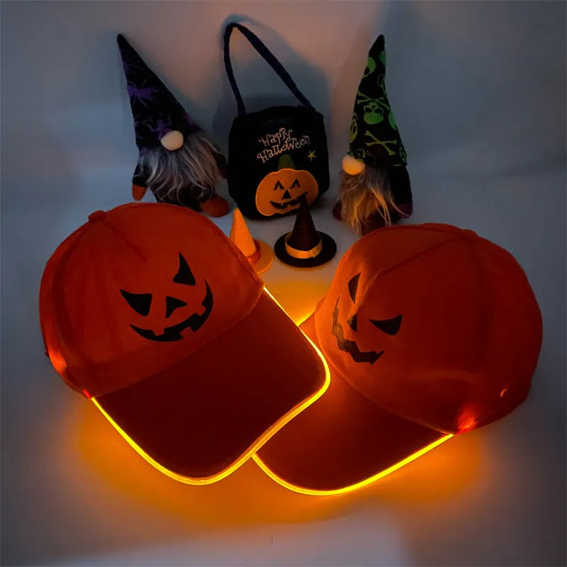Halloween LED baseball cap showing light-up pumpkin design on black cloth material