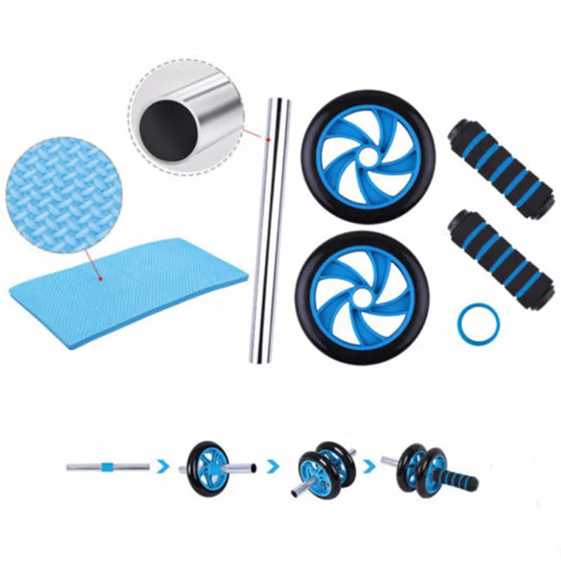 Dark blue double-wheel abdominal roller with push-up support and palm guard, ABS plastic, 16.5cm and 14.5cm roller diameters.