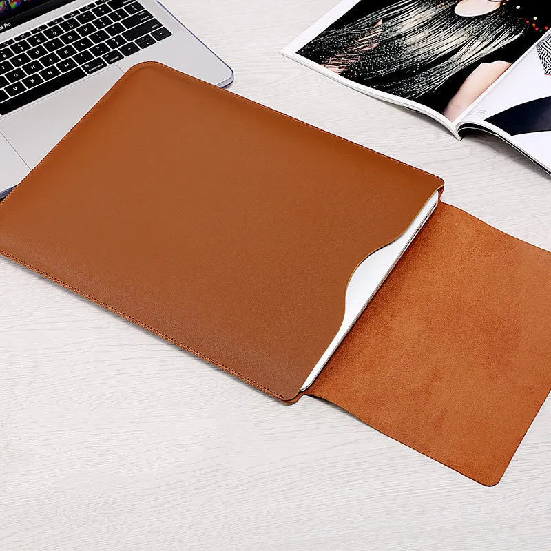 Four-piece PU laptop liner bag set for MacBook with power supply bag, mouse bag, and cable winder in Apricot