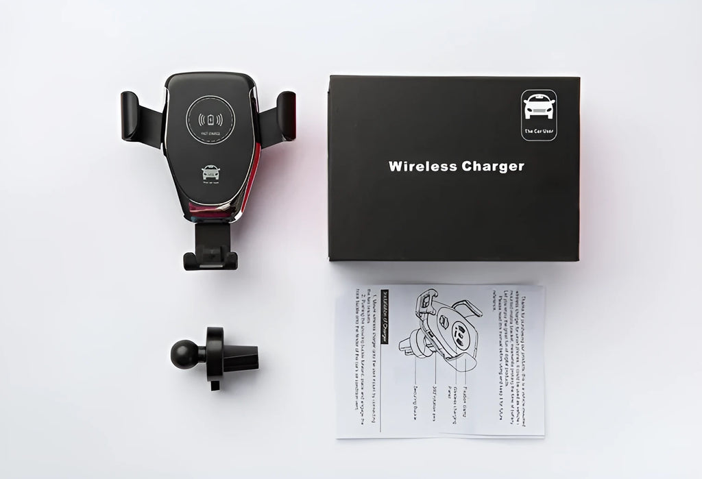 Black car wireless charger mounted on ventilation vent with iPhone Xs charging automatically