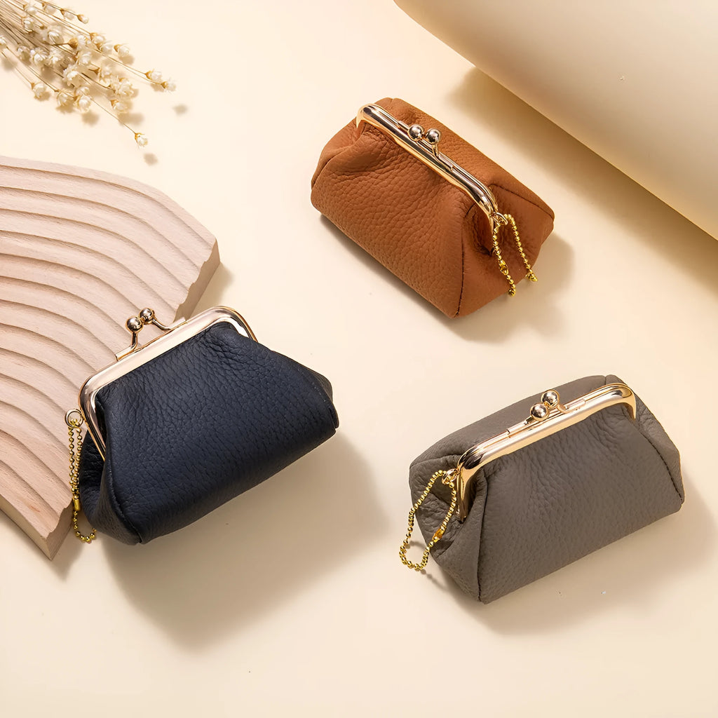 Genuine leather mini coin wallet for women in solid colour with first layer cowhide and polyester lining