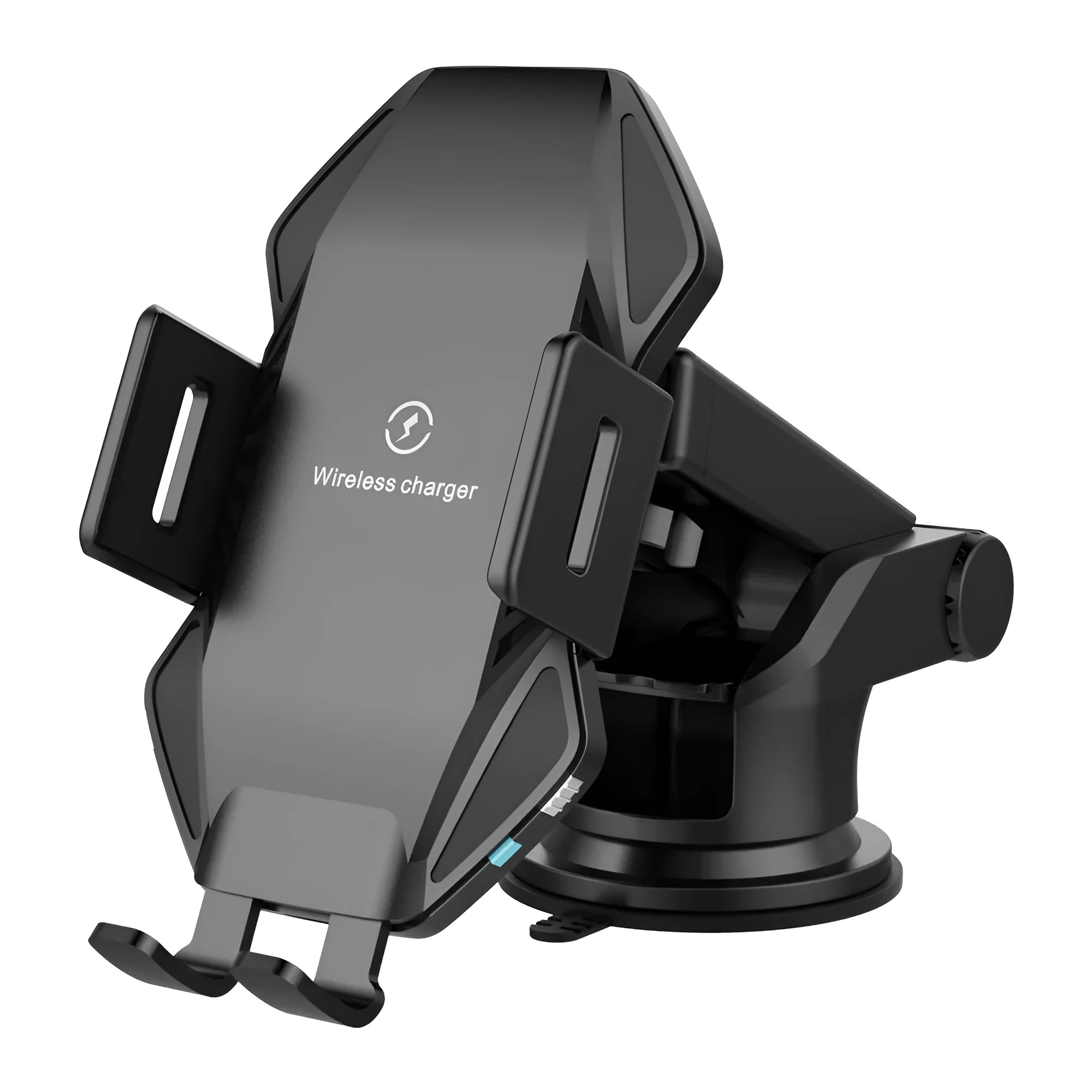 Auto-sensing car wireless charger in black or grey with choice of chuck or suction cup mount for dashboard or air vent.
