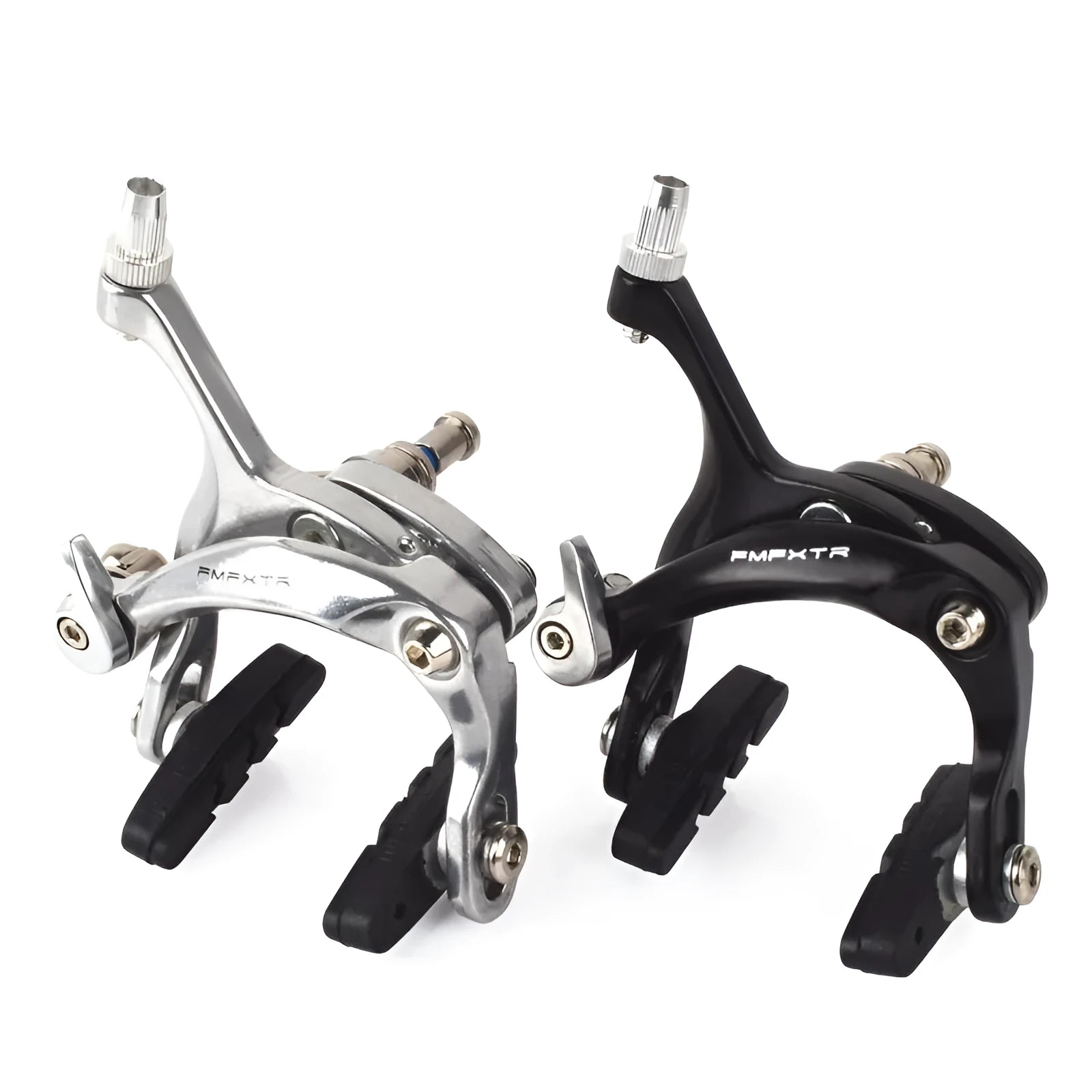 A pair of black and silver metal U-shaped dual-axis bicycle brake calipers