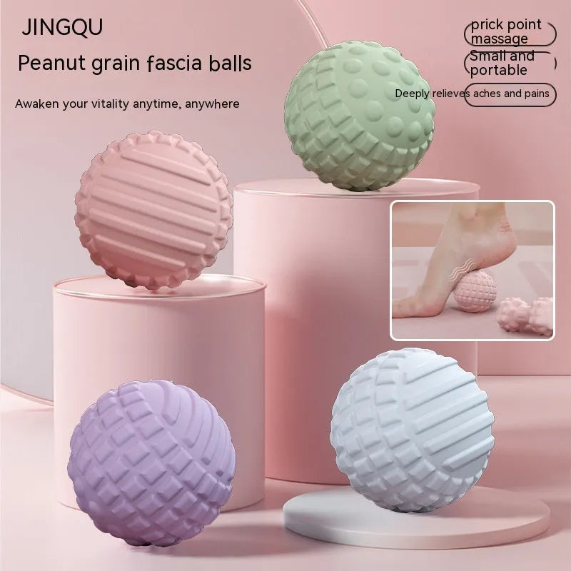 Blue, green, pink, and purple 6cm TPR massage balls, showing both sphere and peanut ball shapes.