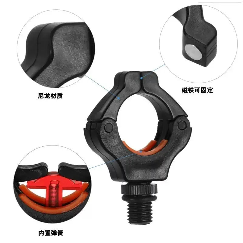 Black fishing rod bracket with clamp and magnet mount, stainless steel and nylon plastic bracket head