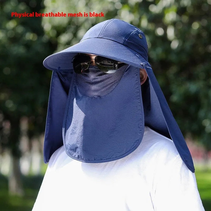 Men's navy blue sun protection hat with USB rechargeable fan and face covering shawl for fishing and outdoor activities