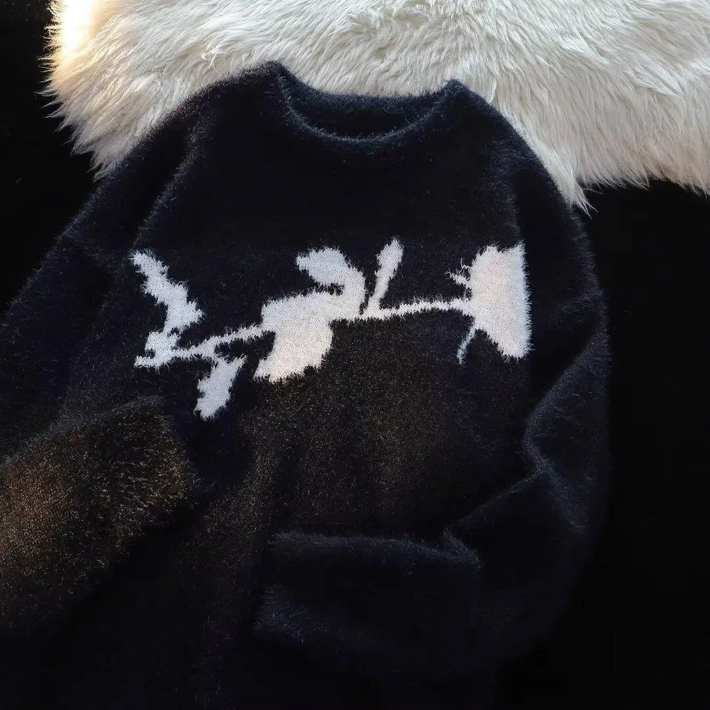 Men's black pullover sweater with a large flocking print of a rose and horse design on the chest.