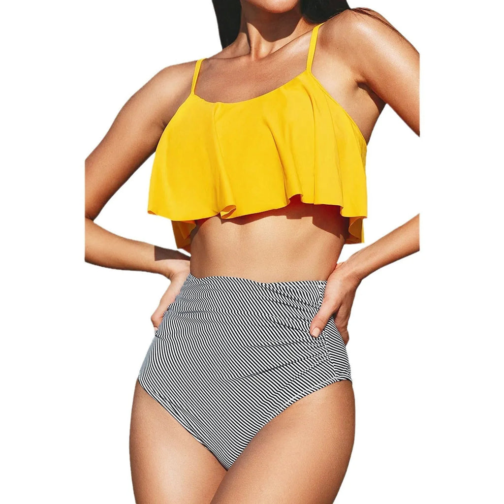 Solid colour striped ruffled bikini swimsuit for women on a mannequin, showing backless brief style.