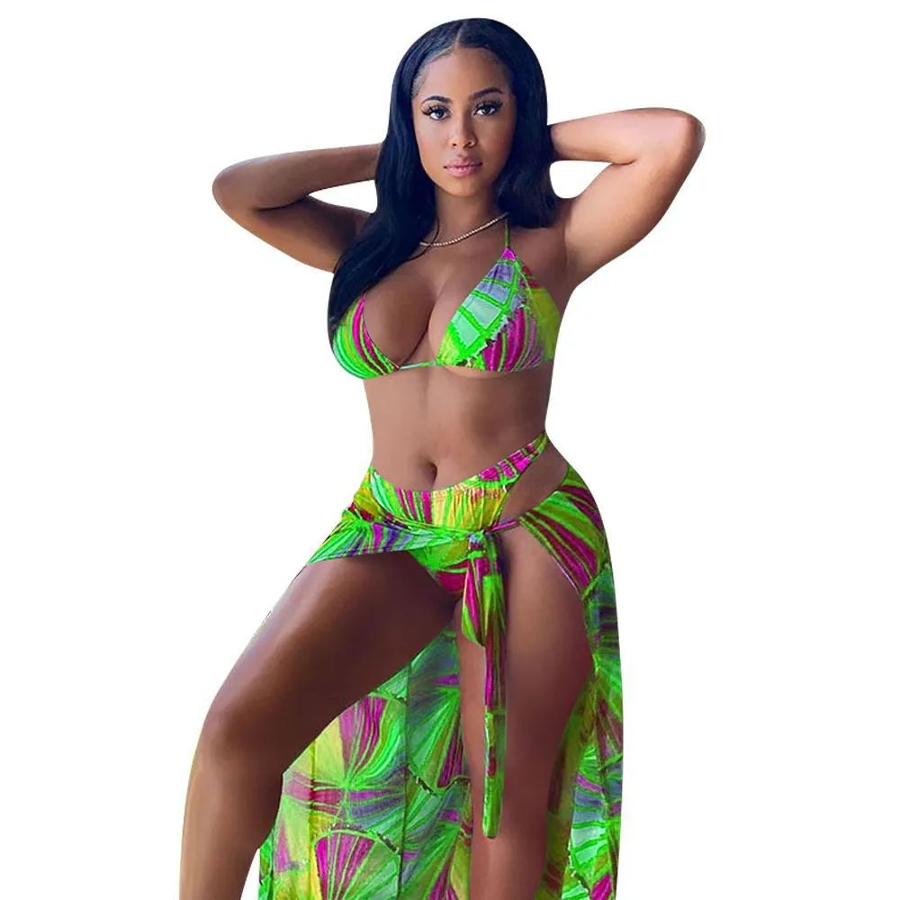 Three-piece split swimsuit floral print bikini set in green orange red, nylon quick-drying swimwear sizes S to XL