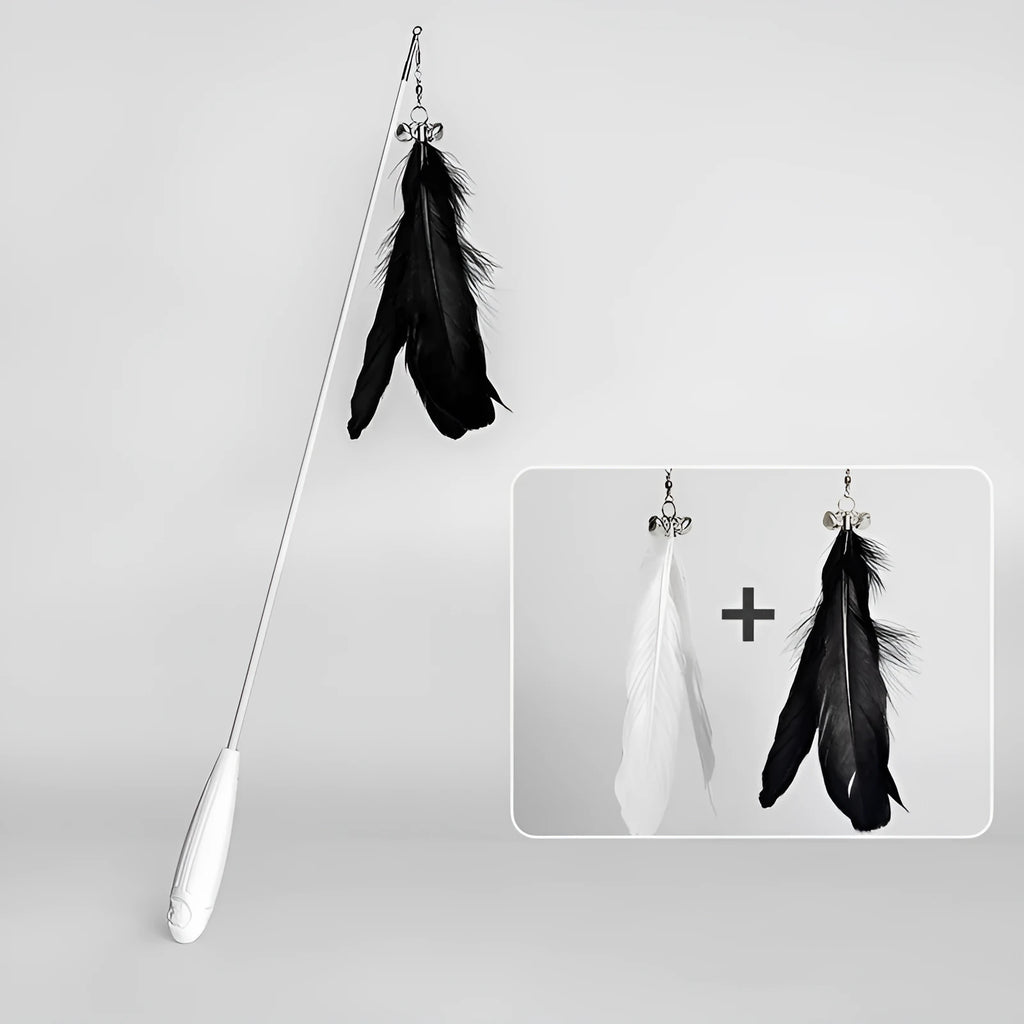 Telescopic fishing rod cat toy with goose feather teasers extended to show full length