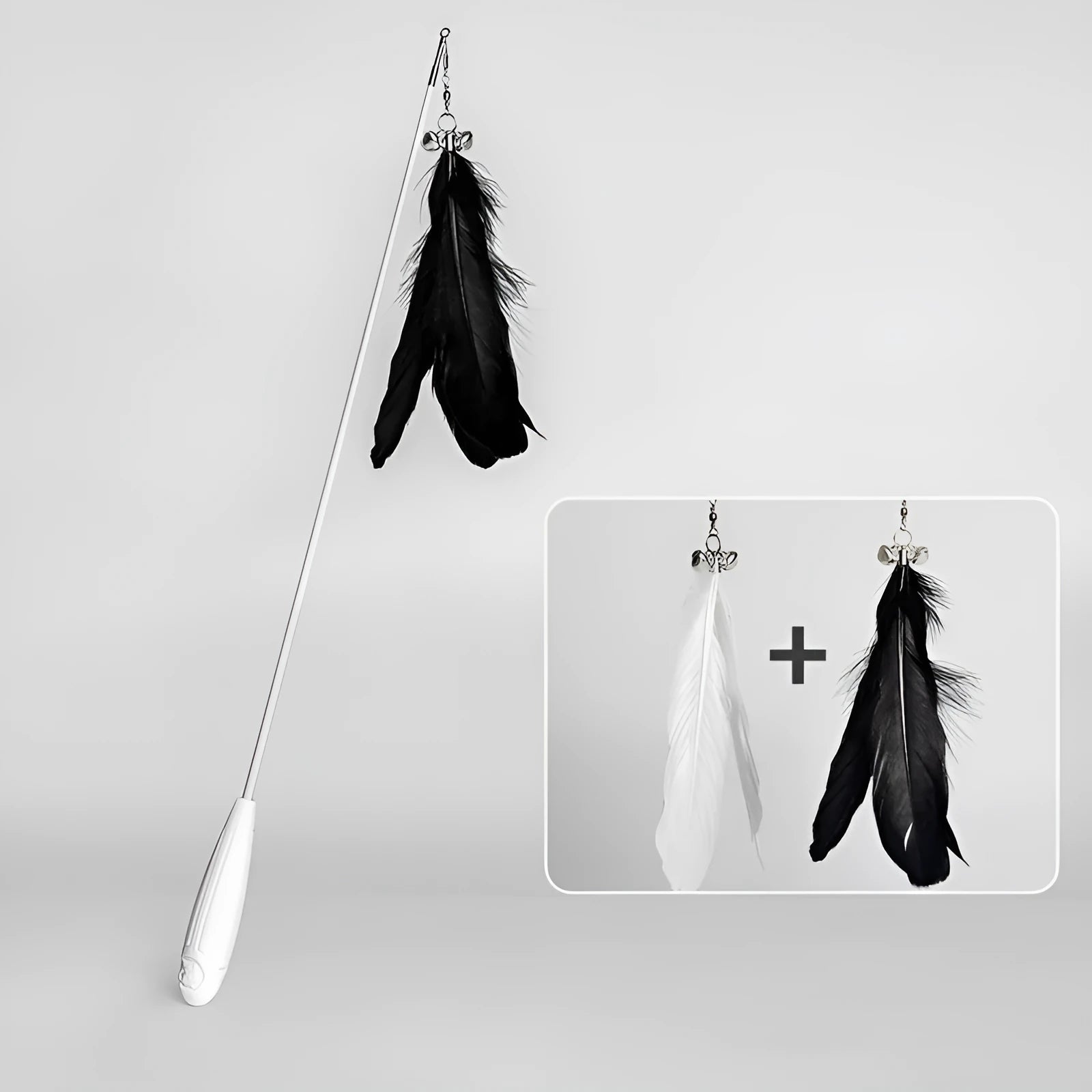 Telescopic fishing rod cat toy with goose feather teasers extended to show full length