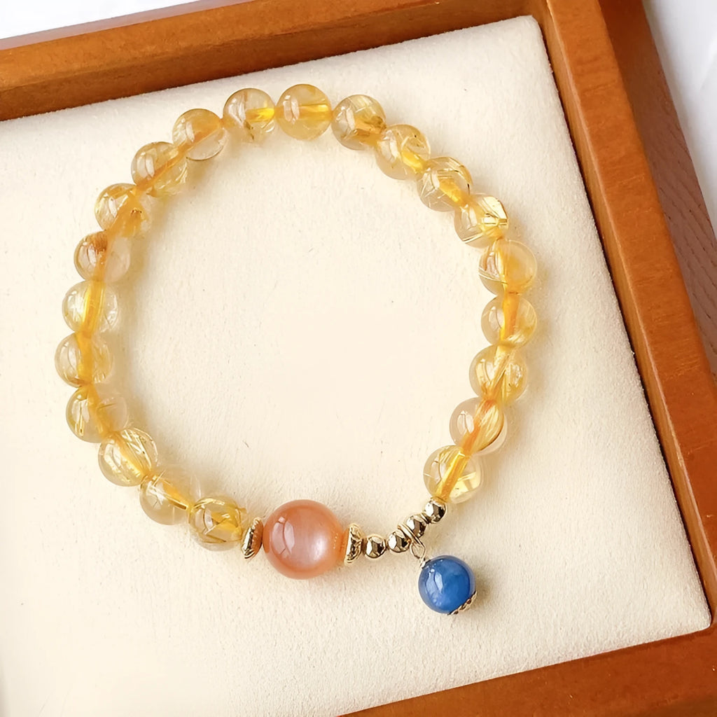 Natural gold rutilated quartz sunstone crystal bracelet with diamond-shaped beads for women