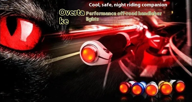 A pair of anodised aluminium bicycle handlebar end lights in a choice of colours, showing the red LED and white rubber switch.