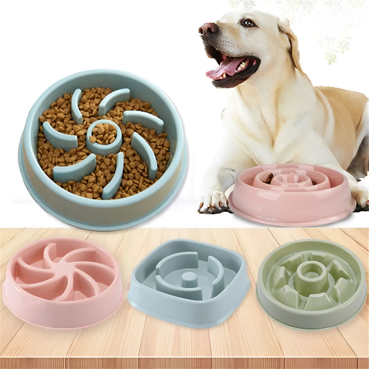 Plastic slow food bowl for dogs and cats with flower-shaped internal obstacles, pink colour, choke prevention design.