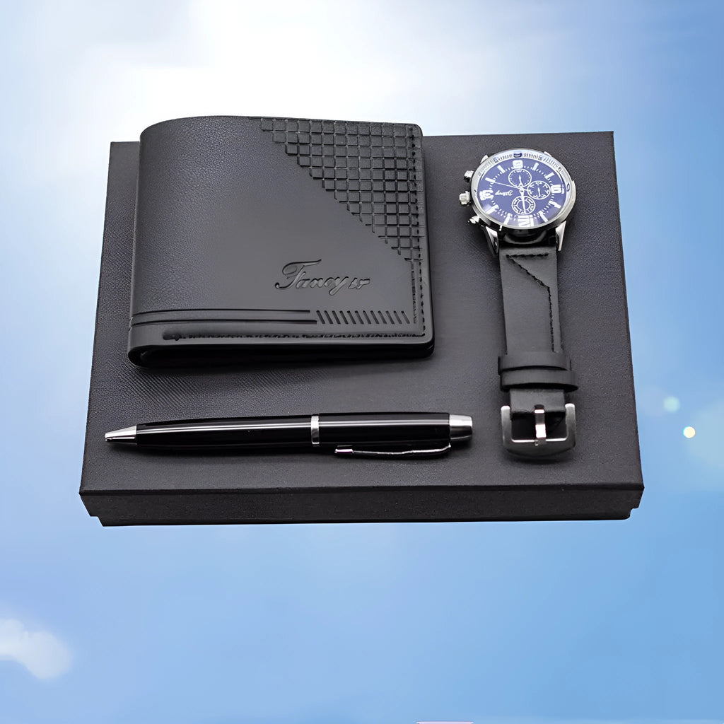 Modern business gift set showing wallet, pen and watch in brown and black colour options with gift box