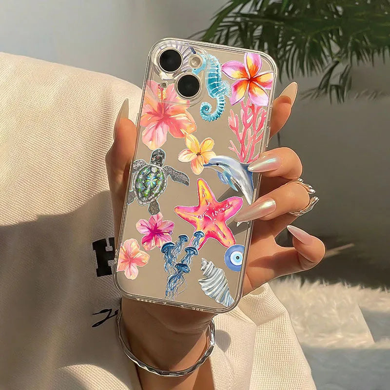 Transparent iPhone case with painted dolphin and turtle design for Apple models