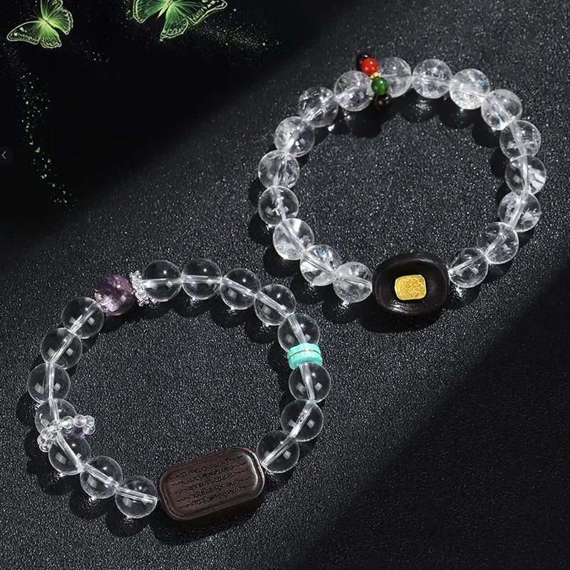White crystal ebony wooden bracelet with five-warp braiding ethnic design