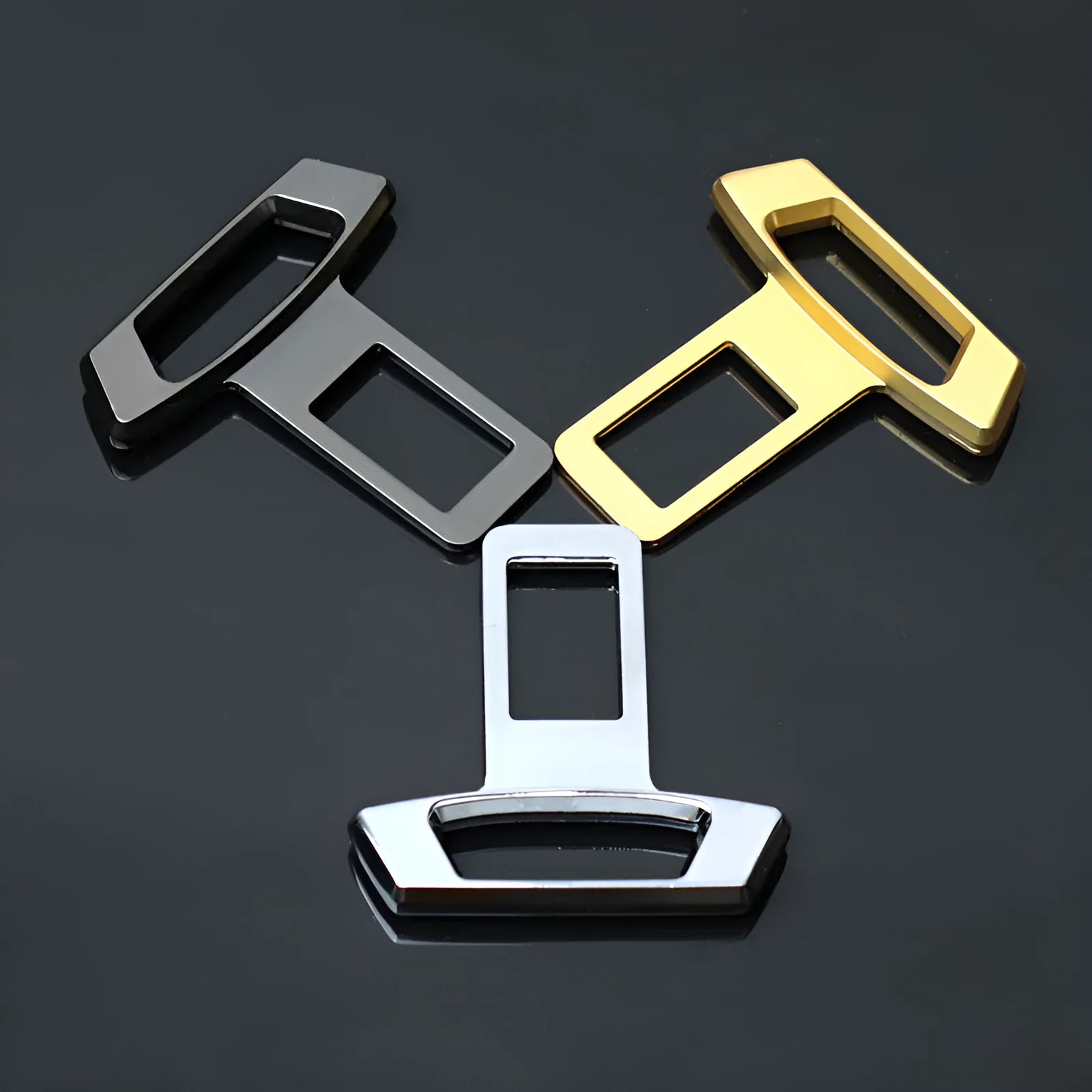 Metal car interior silencer insert shown in matte black, gold, and silver colour options