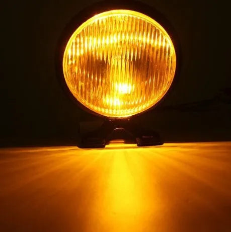 Round bottom mount motorcycle headlight, black aluminium shell, amber glass lens, 12.5 x 8.5cm, 5-wire connection