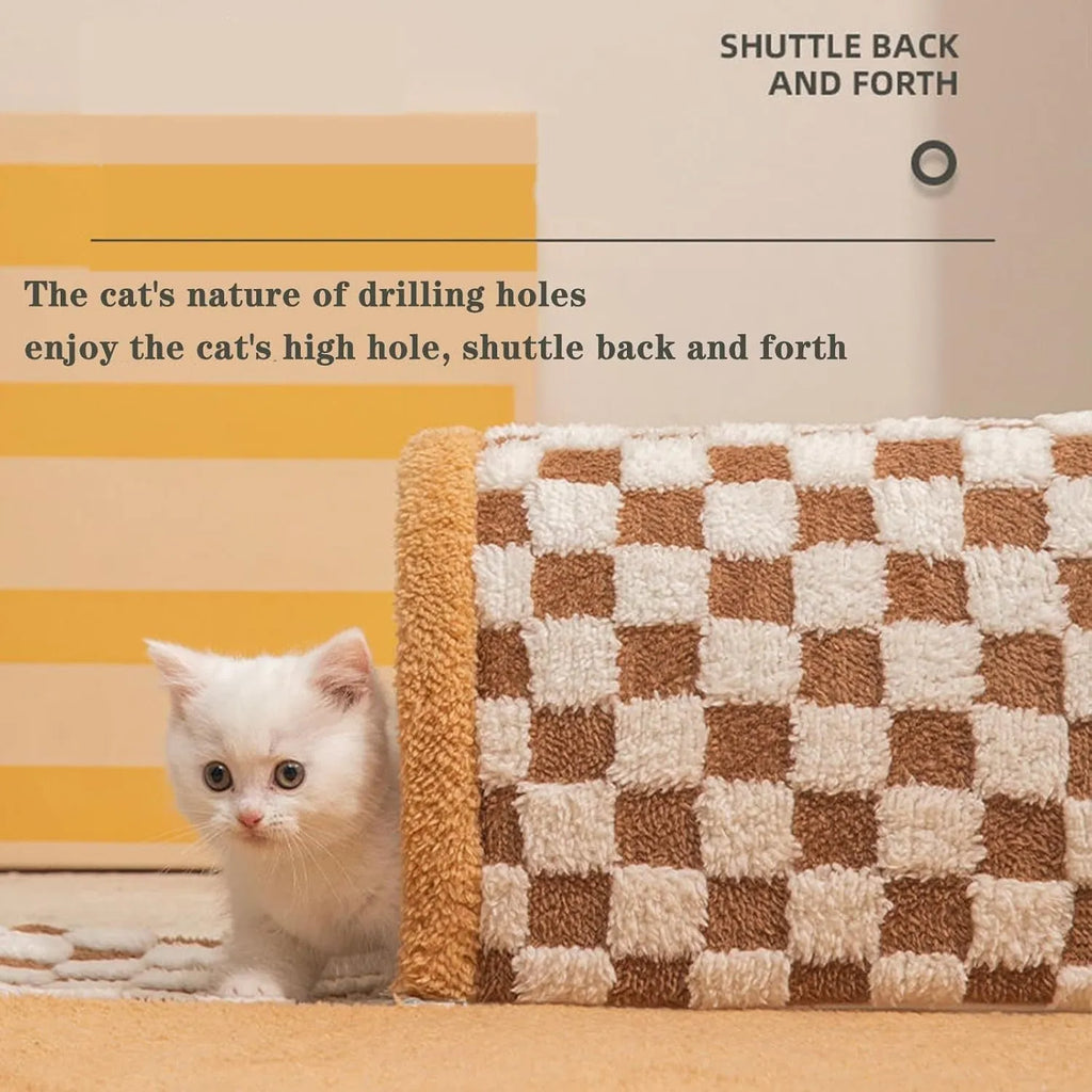 Brown plaid cat tunnel bed with central mat showing collapsible tunnel design