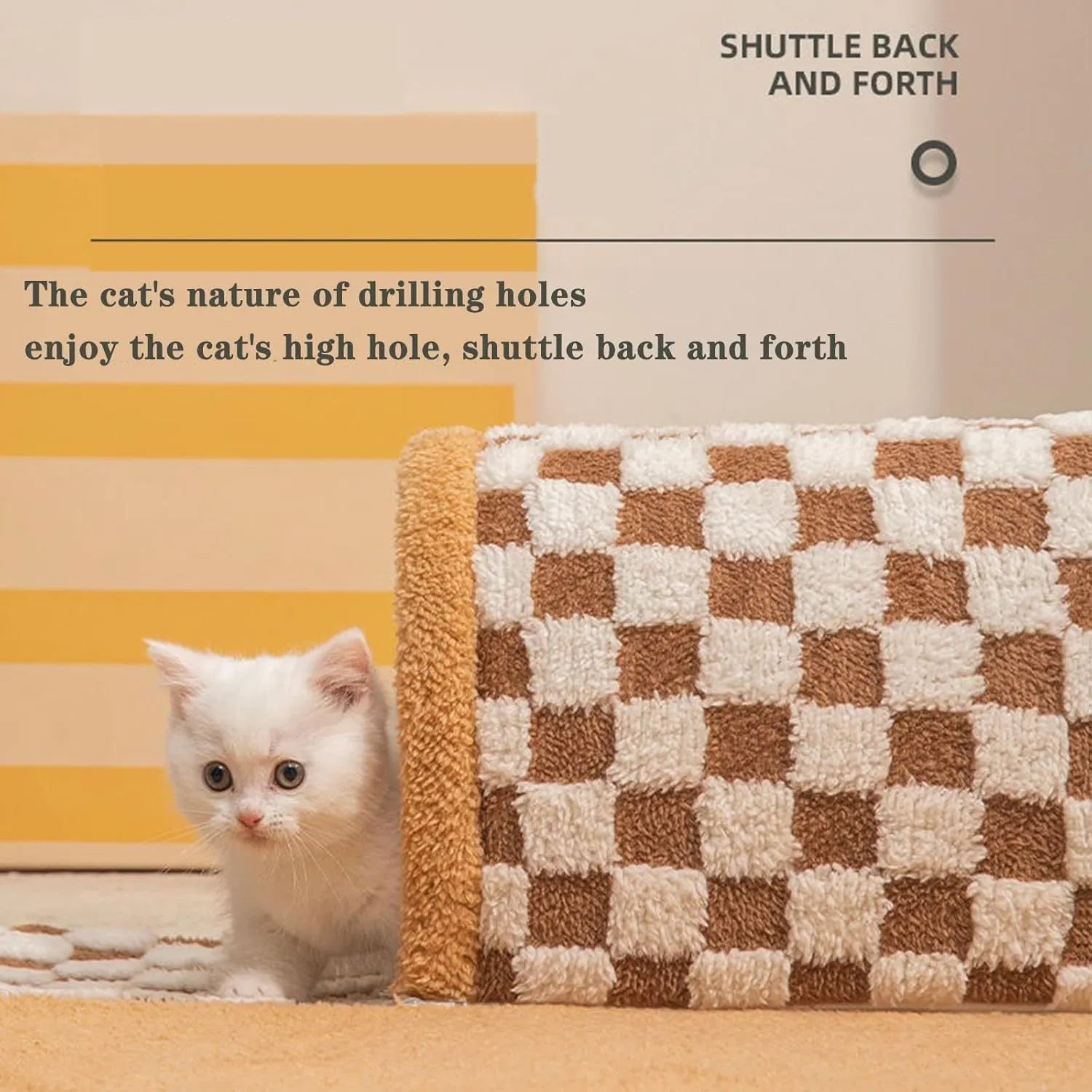 Brown plaid cat tunnel bed with central mat showing collapsible tunnel design