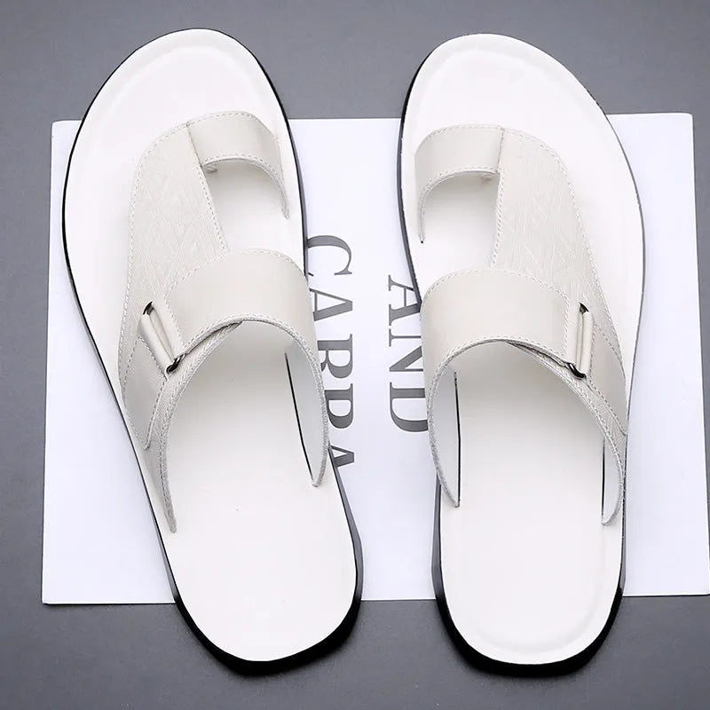 Men's light brown cowhide leather open-toe beach slippers with a rubber sole.