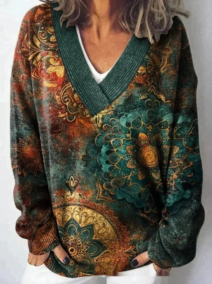 Women's V-neck long sleeve sweatshirt with a 3D floral print pattern.