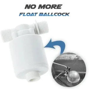 White nylon automatic float valve with brass thread connections for water level control.