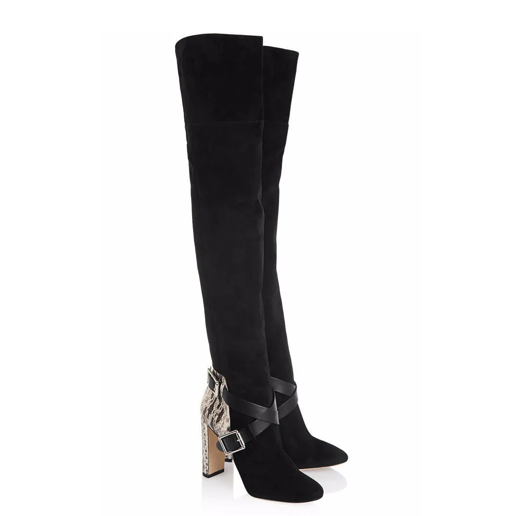 Women's black suede fashion boots with thick super high heel and round toe on a clean background