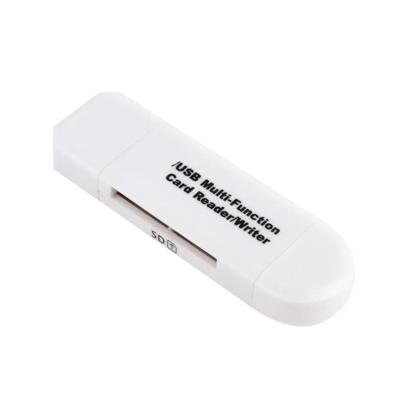 Black smart three-in-one card reader with micro USB and USB 2.0 plugs on a light surface