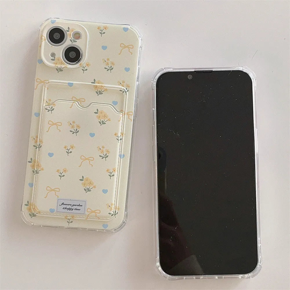 Small broken flower TPU phone case with card holder for iPhone in pink full screen pattern