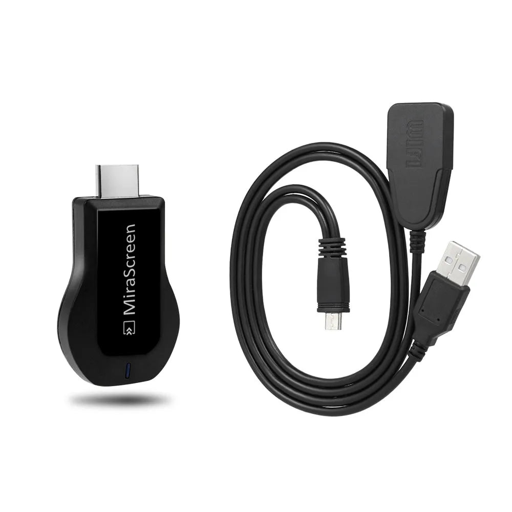 Wireless HDMI dongle for 1080P screen mirroring, black plastic casing with HDMI connector and USB power cable