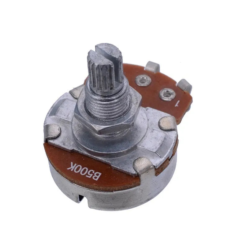 A single metal potentiometer knob for an electric guitar, shown in a choice of four resistance values.