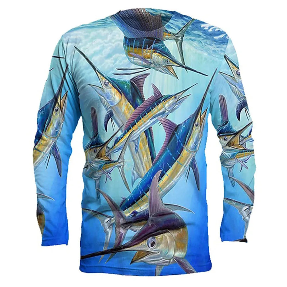Men's grey round neck long-sleeved pullover with a white fish print design on the chest.