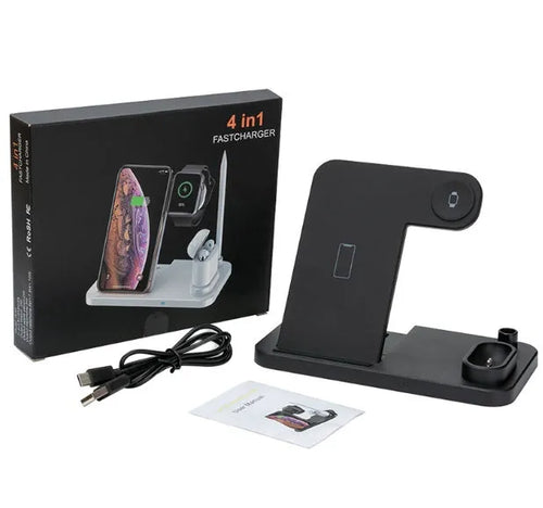 4-in-1 adjustable wireless charging station charging a phone, Apple Watch, and AirPods.