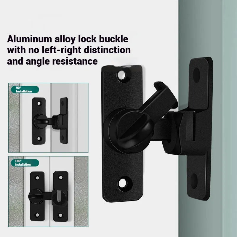 Aluminum alloy punch-free door latch shown in silver finish with screws, positioned at 90-degree angle