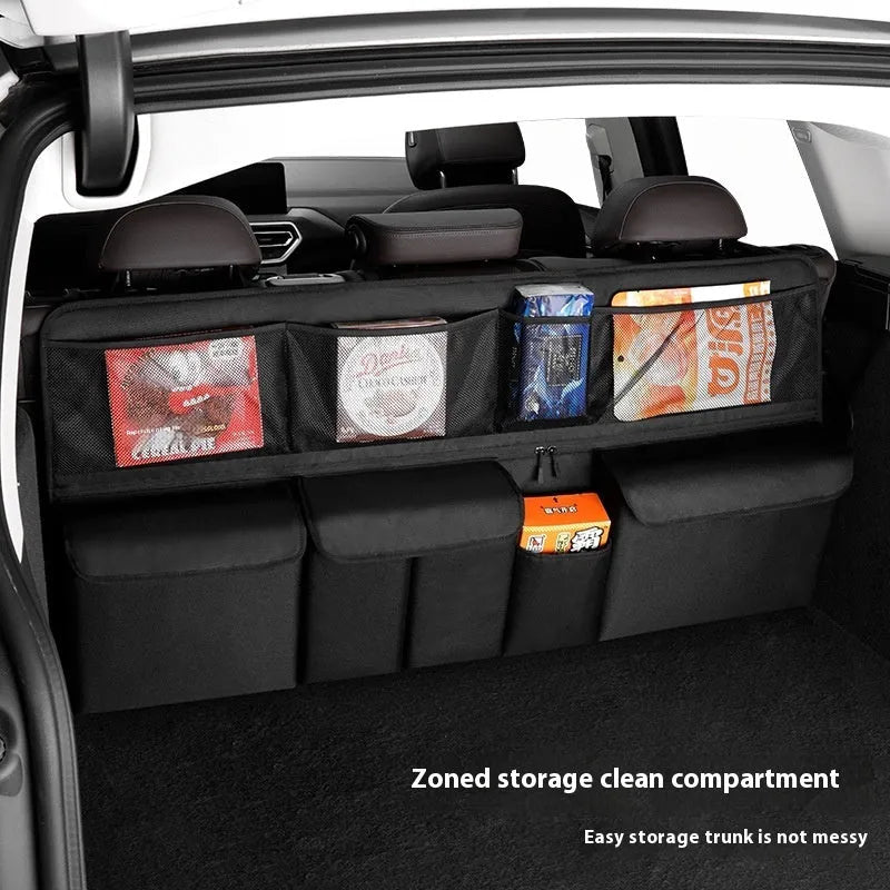 Large capacity car storage box in Oxford cloth with mesh pockets, hanging design, 105x51x9cm, black colour