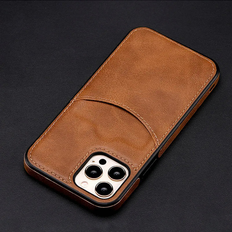 Dark blue PU leather protective case for an iPhone, showing the back and sides.