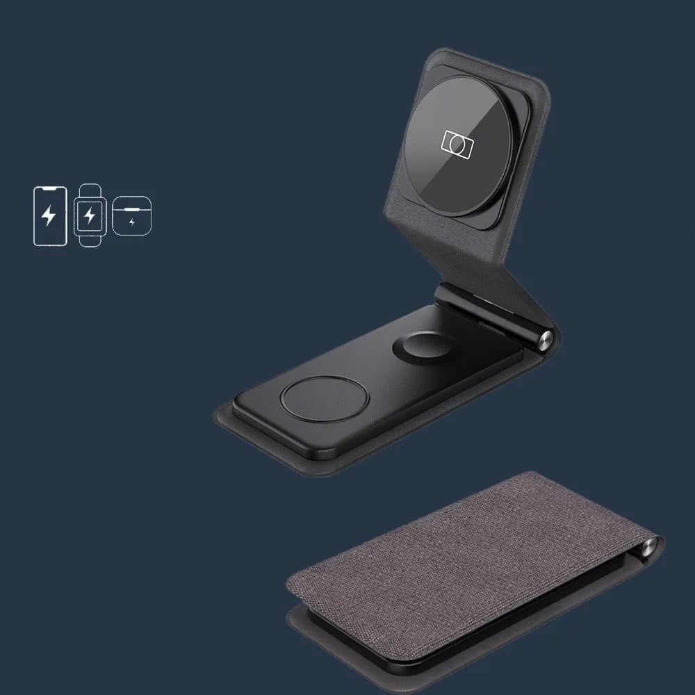 3-in-1 folding wireless charger in black with Type-C input, 25W output power, and multiple device charging