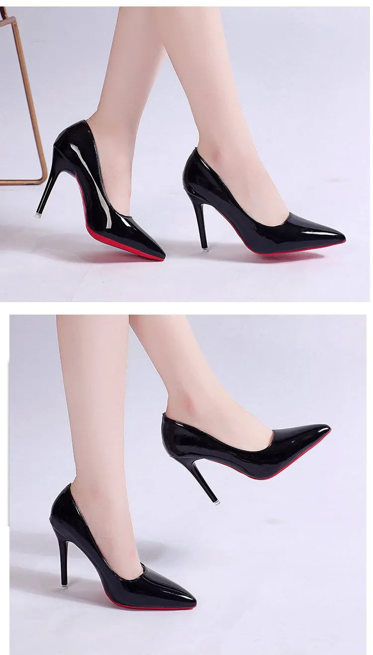 Women's black stiletto heel pumps with pointed toe and shallow mouth design