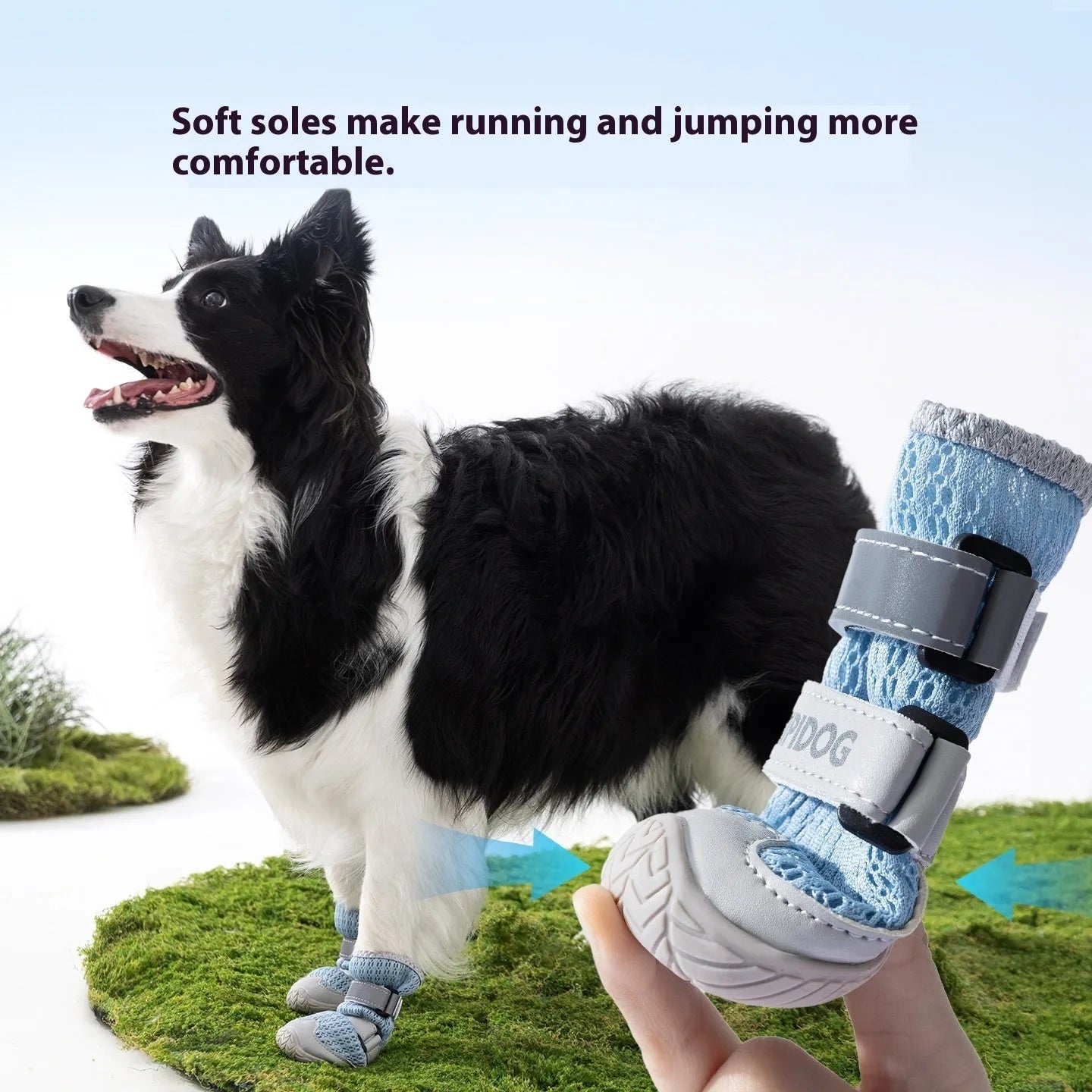 Cartoon-style blue and green dog shoes made from PU material for summer paw protection.