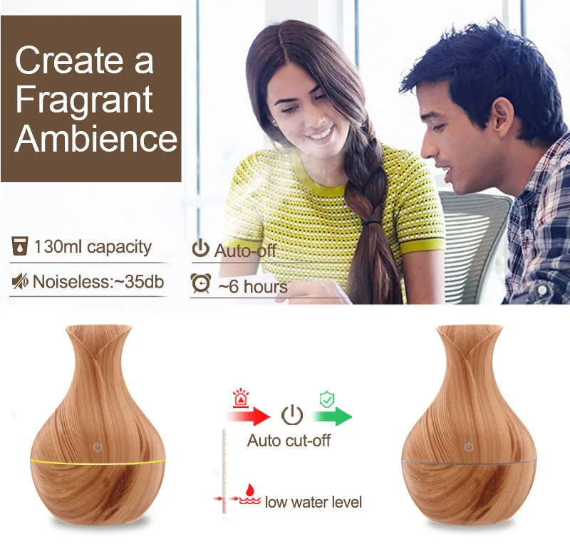 Vase humidifier 130ml 5V 3W in crackle mahogany or wood grain finish on a desk